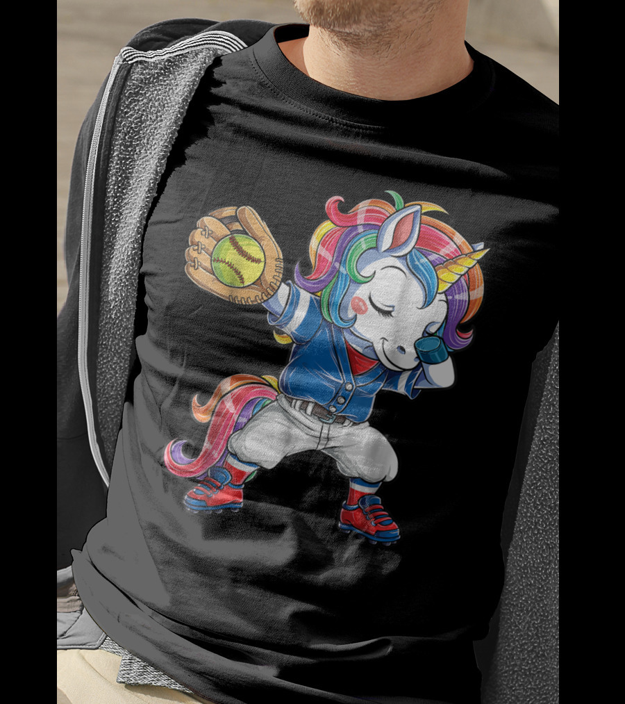 Dabbing Rainbow Unicorn In Softball Uniform Girls Dab T-Shirt