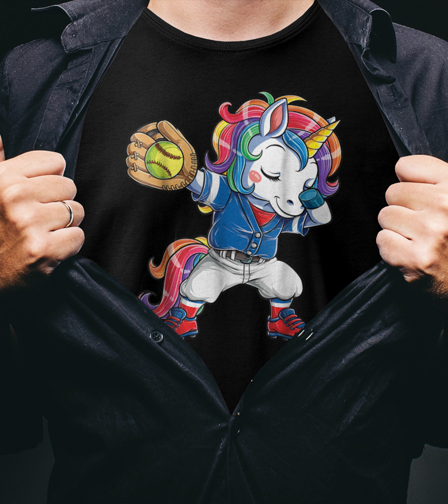 Dabbing Rainbow Unicorn In Softball Uniform Girls Dab T-Shirt