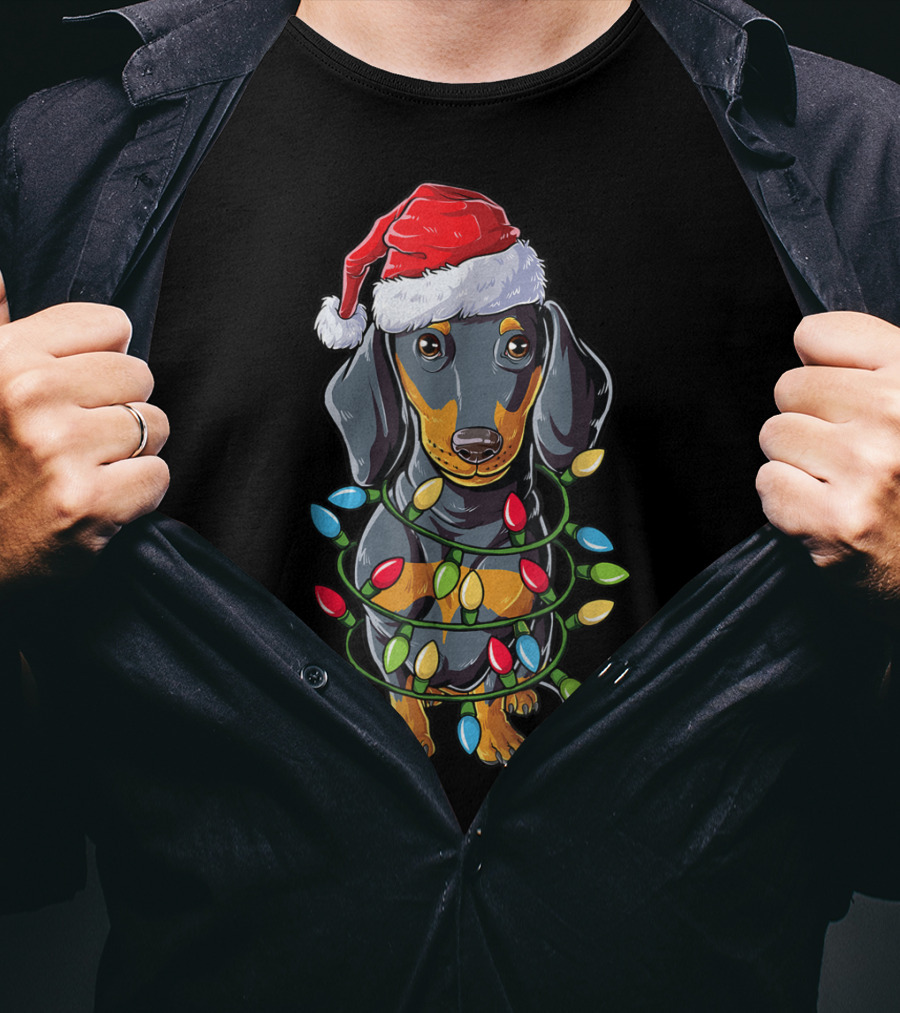Dachshund Dog In Santa Hat With Christmas Tree Lights T-Shirt