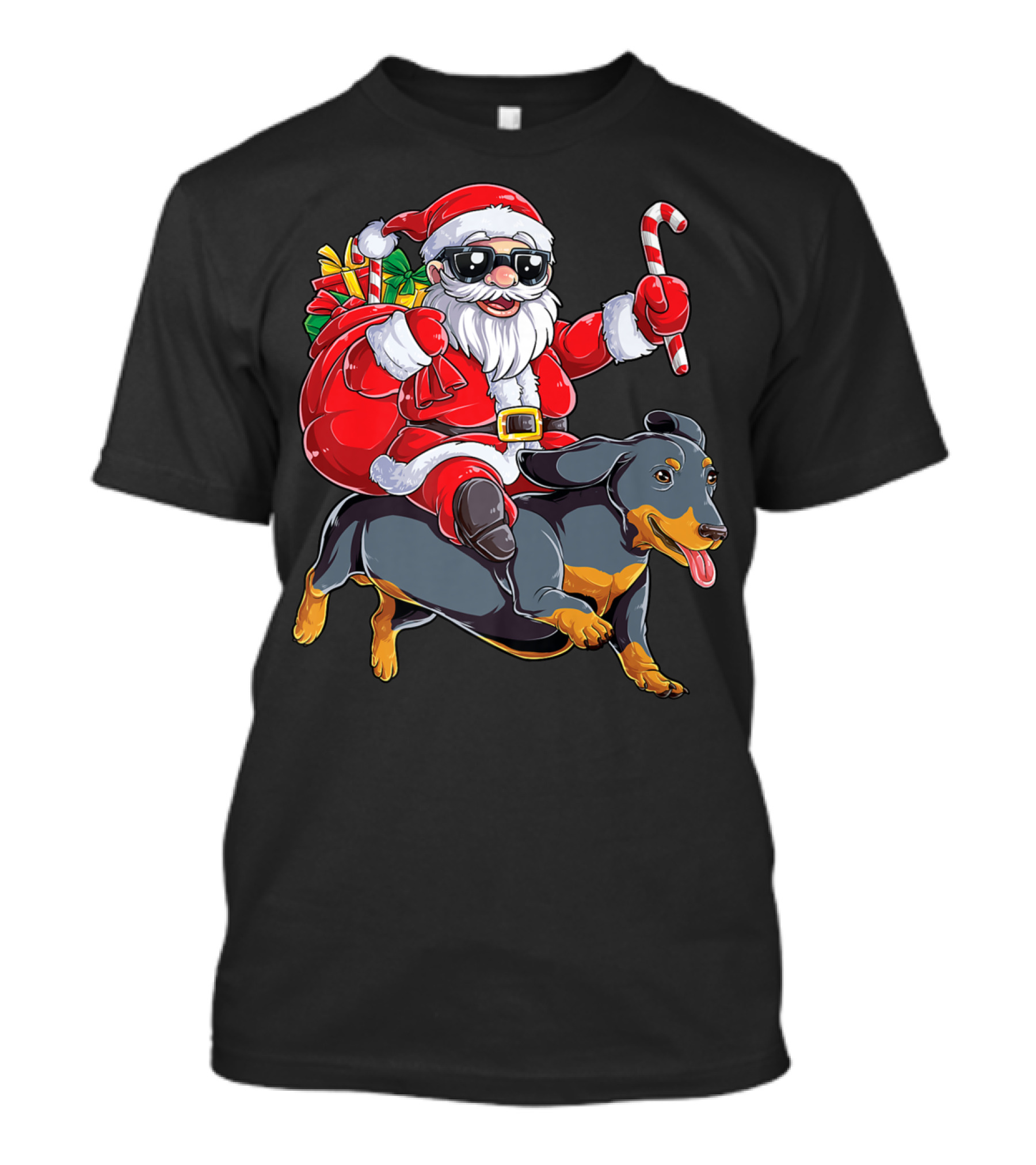 Santa Claus Riding Dachshund With Candy Cane And Presents T-Shirt