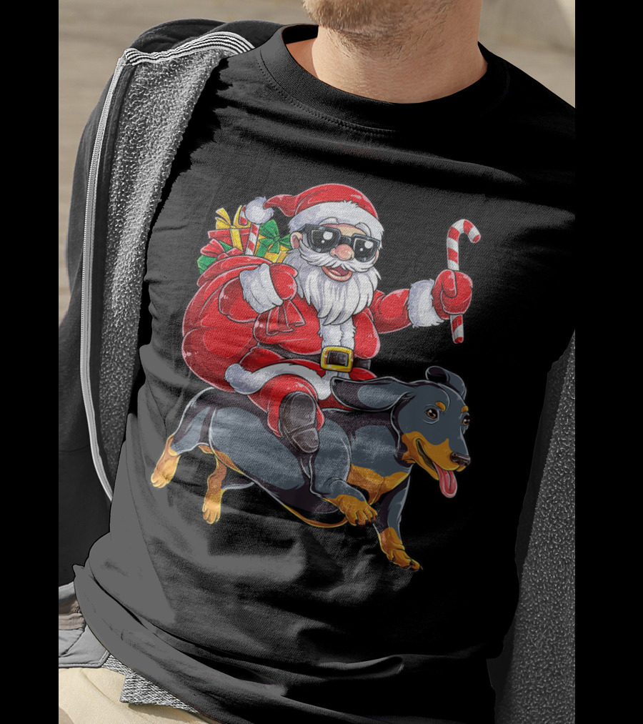 Santa Claus Riding Dachshund With Candy Cane And Presents T-Shirt