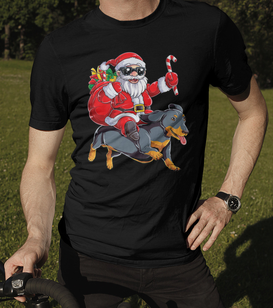 Santa Claus Riding Dachshund With Candy Cane And Presents T-Shirt