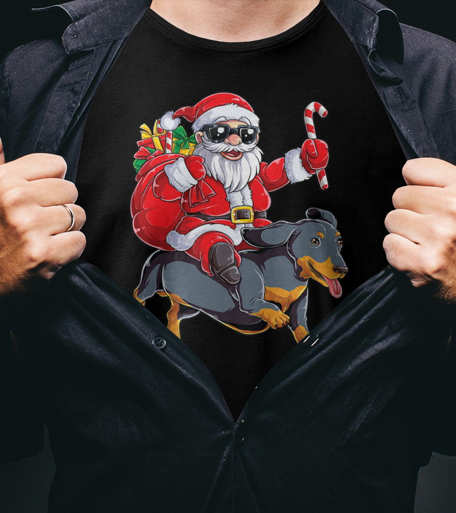 Santa Claus Riding Dachshund With Candy Cane And Presents T-Shirt