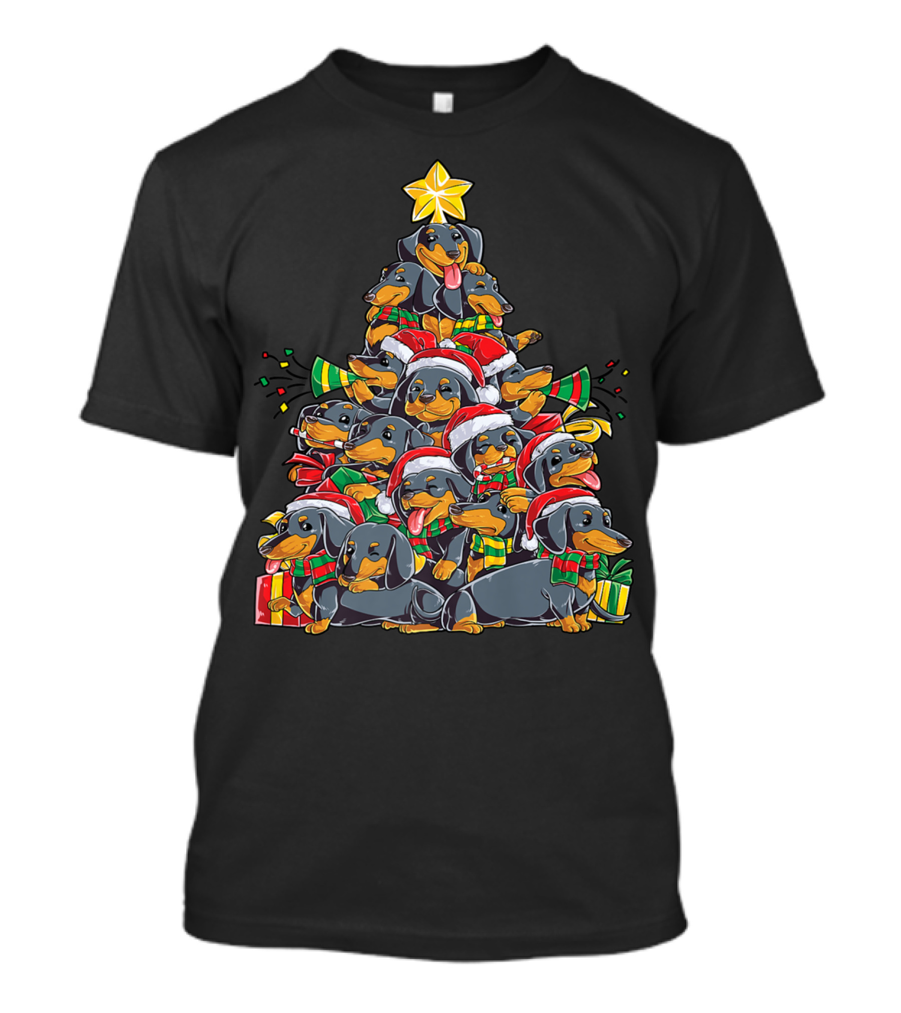Dachshund Christmas Tree With Santa Hats And Gifts T-Shirt