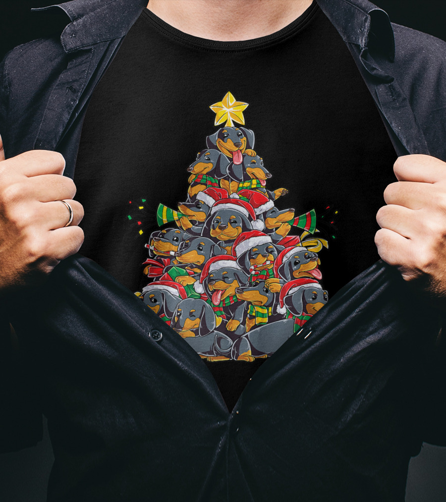 Dachshund Christmas Tree With Santa Hats And Gifts T-Shirt