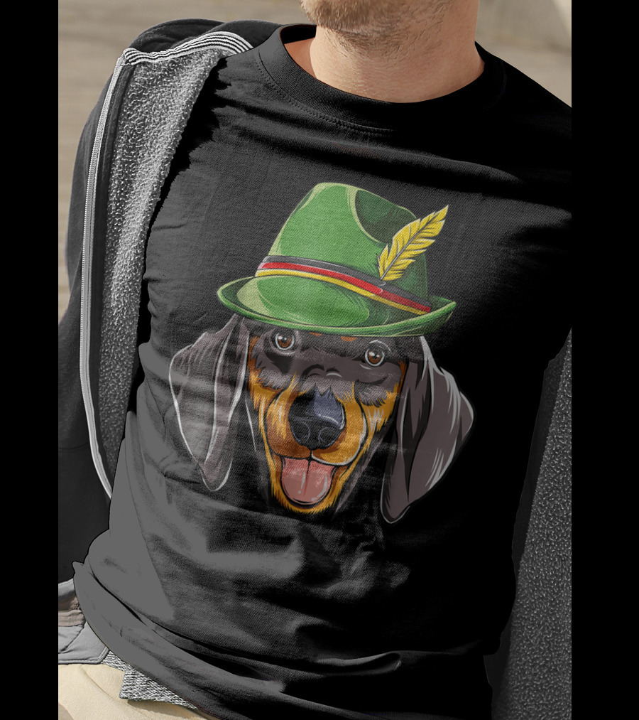 Dachshund Oktoberfest Kids Boys Lederhosen Dog In Green Hat With Feather T-Shirt