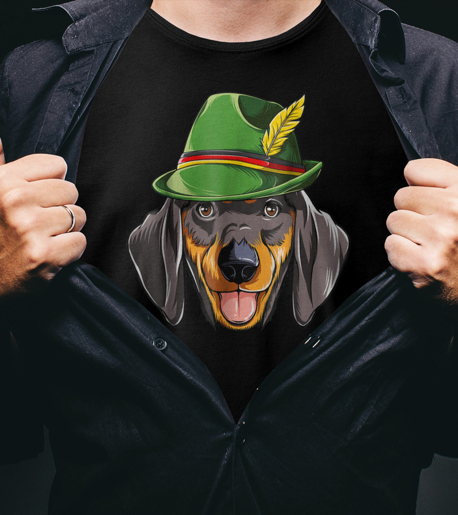 Dachshund Oktoberfest Kids Boys Lederhosen Dog In Green Hat With Feather T-Shirt