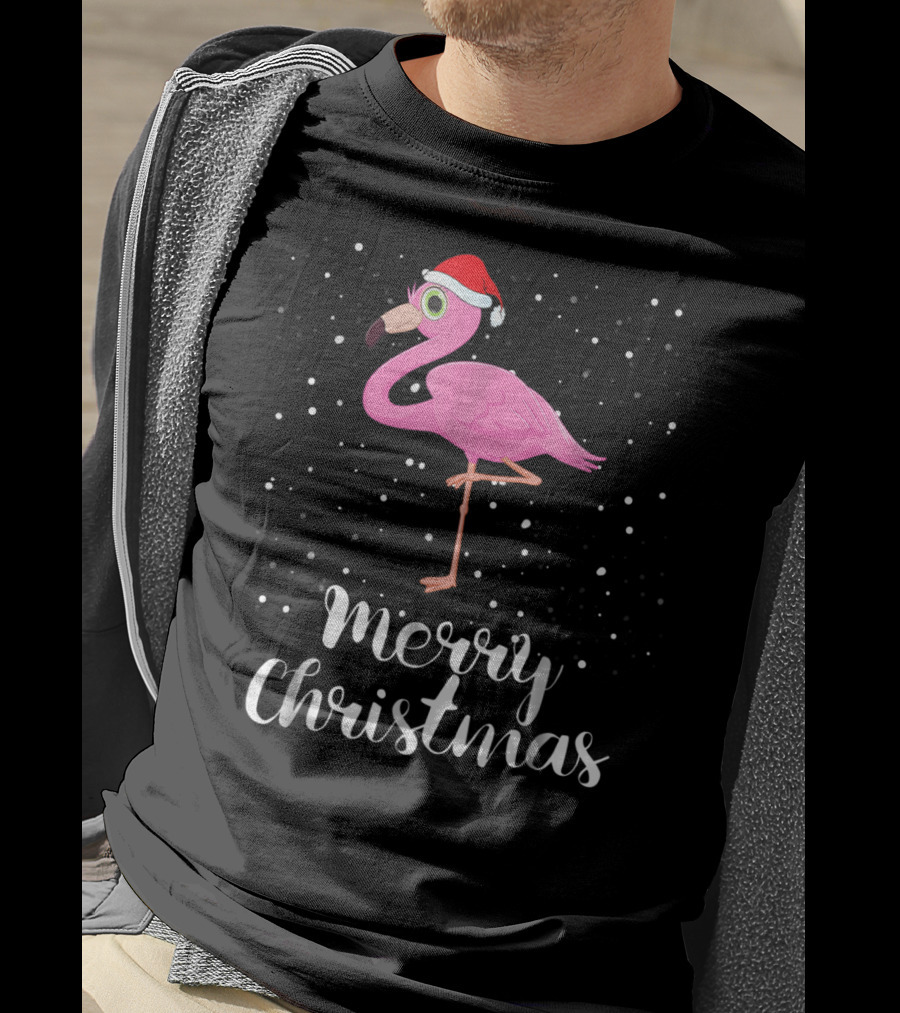 Merry Christmas Flamingo Santa Hat Family Matching Group T-Shirt