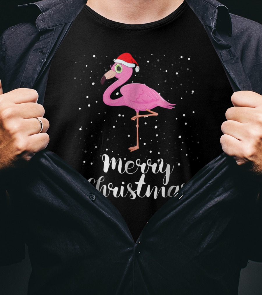 Merry Christmas Flamingo Santa Hat Family Matching Group T-Shirt