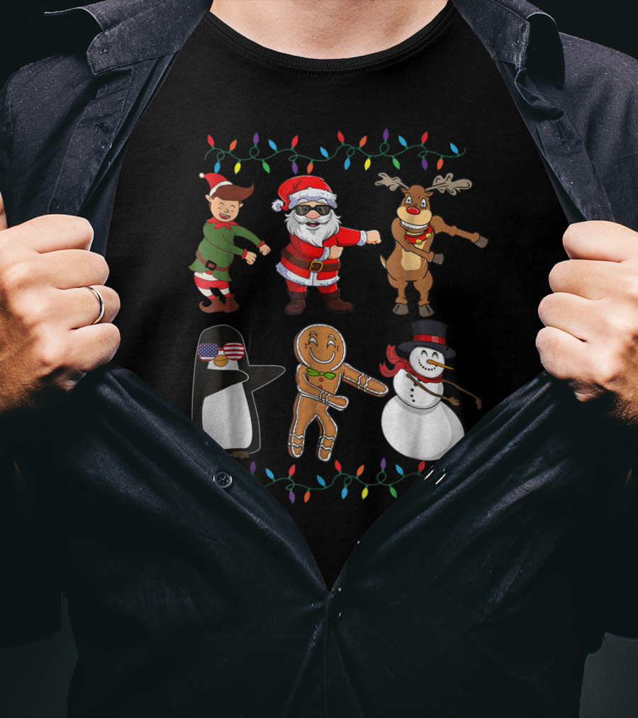 Floss Like A Boss Santa Elf Reindeer Penguin Gingerbread Snowman Christmas Lights T-Shirt