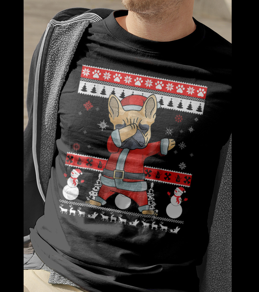 Dabbing French Bulldog Christmas Santa Ugly Sweater Snowflakes Snowmen T-Shirt
