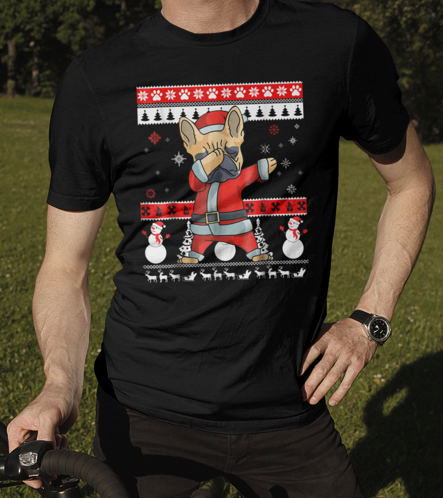 Dabbing French Bulldog Christmas Santa Ugly Sweater Snowflakes Snowmen T-Shirt