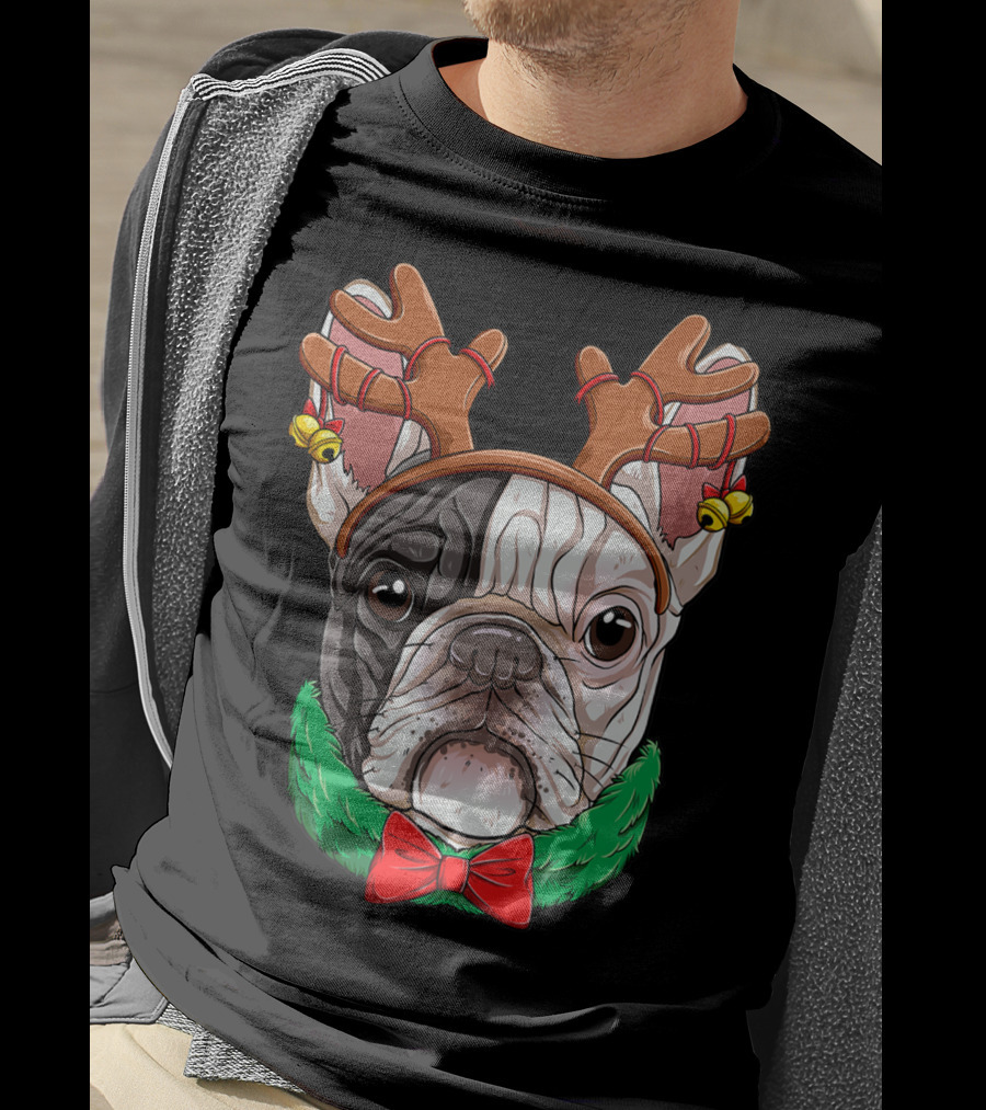 French Bulldog With Christmas Reindeer Antlers And Bow Tie T-Shirt