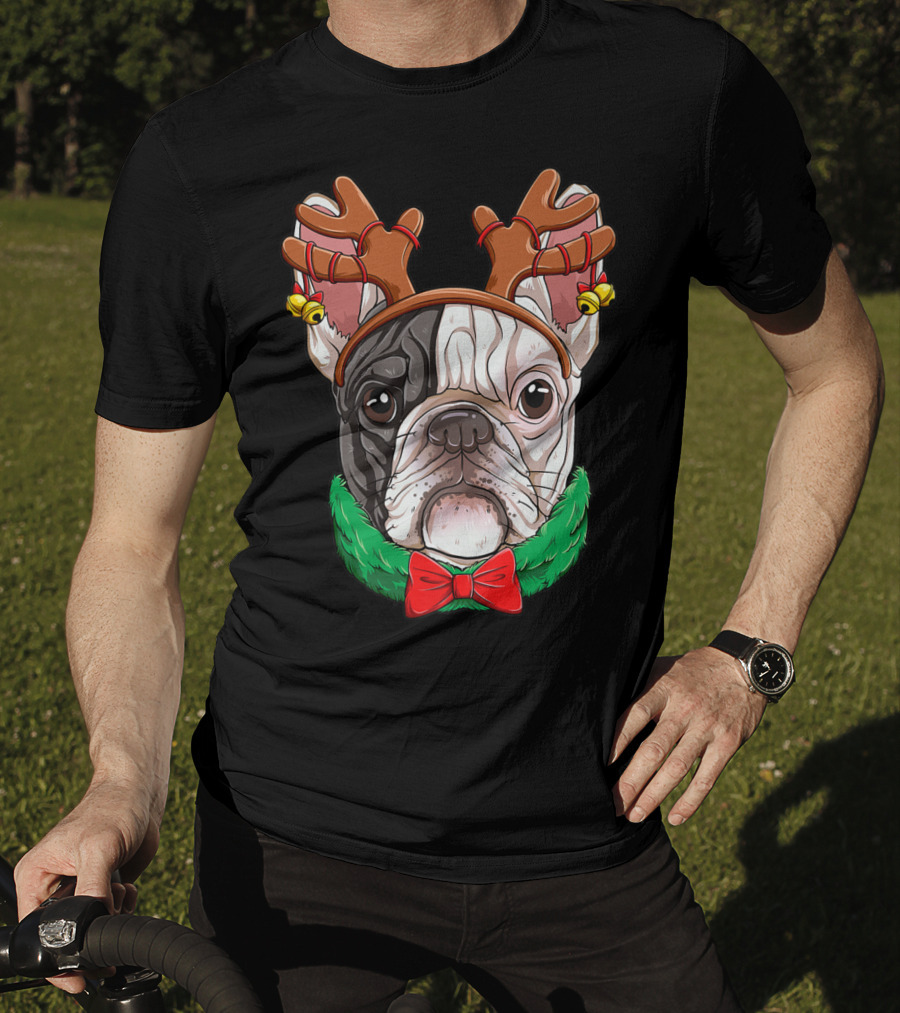 French Bulldog With Christmas Reindeer Antlers And Bow Tie T-Shirt