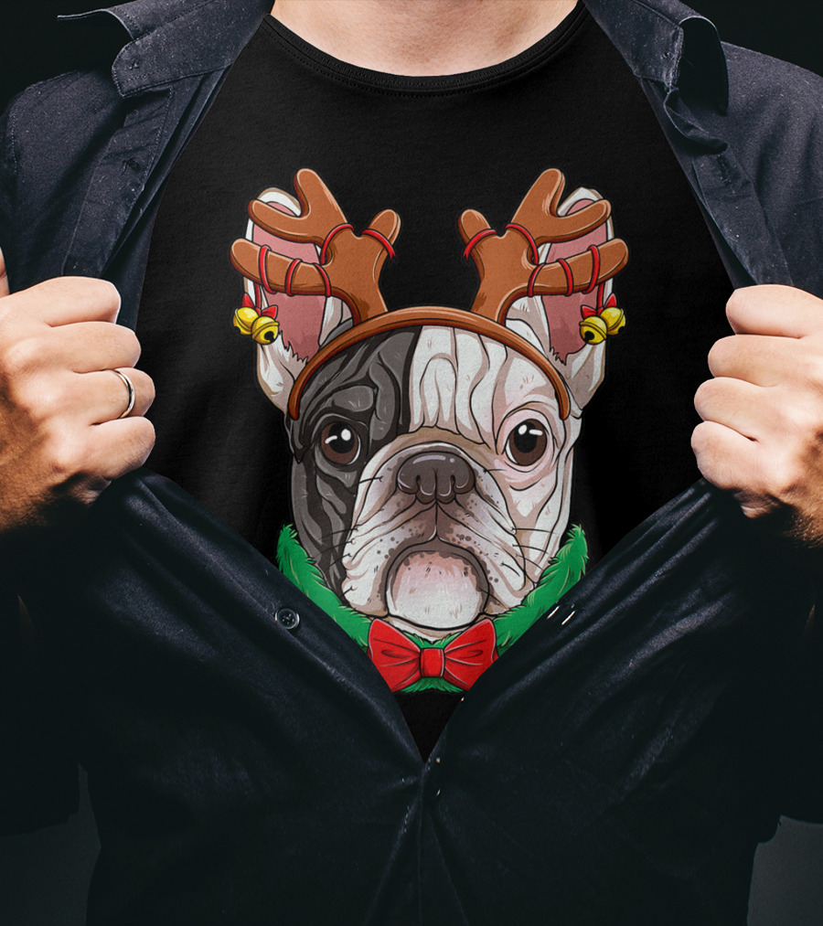 French Bulldog With Christmas Reindeer Antlers And Bow Tie T-Shirt