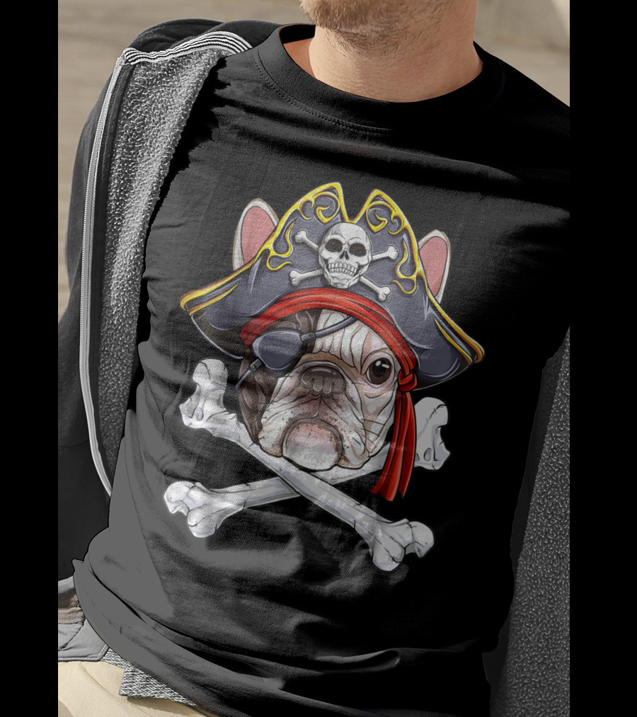French Bulldog Pirate Jolly Roger Crossbones Skull Eyepatch T-Shirt