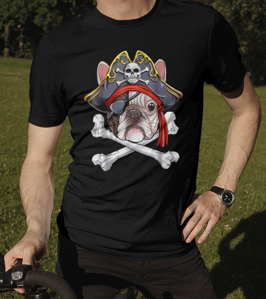 French Bulldog Pirate Jolly Roger Crossbones Skull Eyepatch T-Shirt
