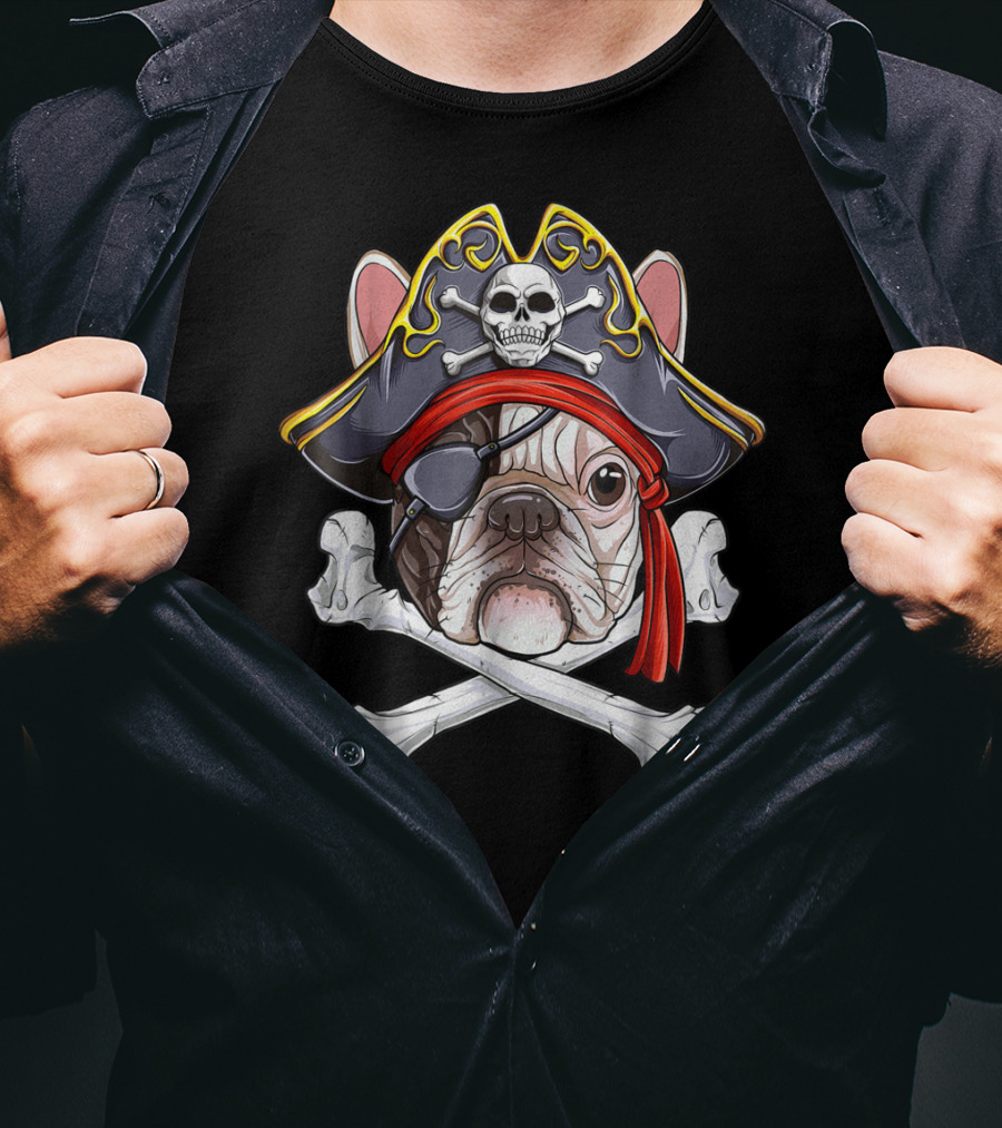 French Bulldog Pirate Jolly Roger Crossbones Skull Eyepatch T-Shirt