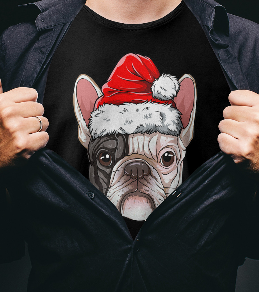 French Bulldog Wearing Santa Hat T-Shirt