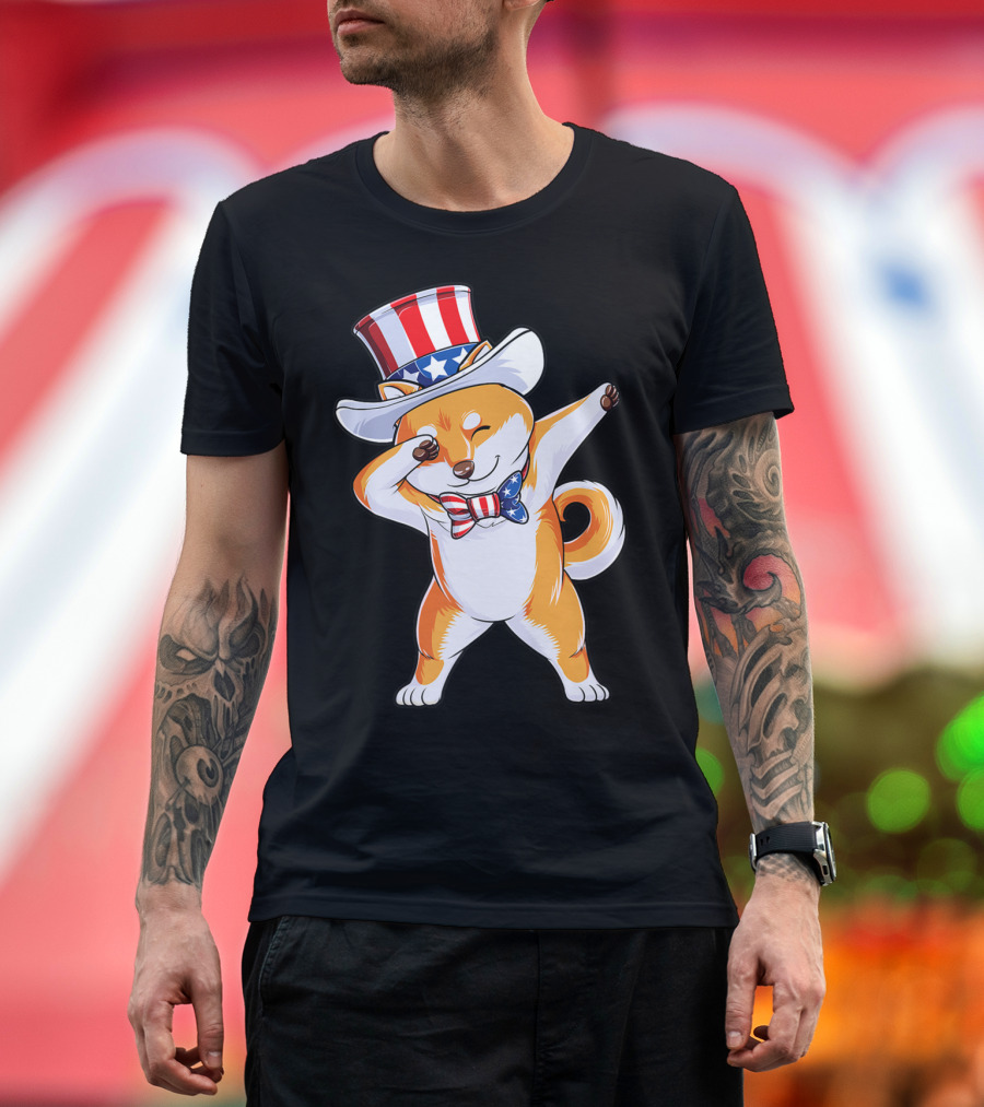 Dabbing Shiba Inu Uncle Sam Hat Bow Tie American Flag 4th of July T-Shirt