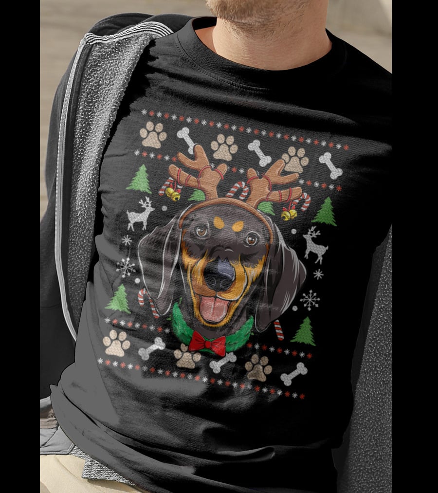 Dachshund Reindeer Antlers Christmas Ugly Sweater Snowflakes Candy Canes T-Shirt