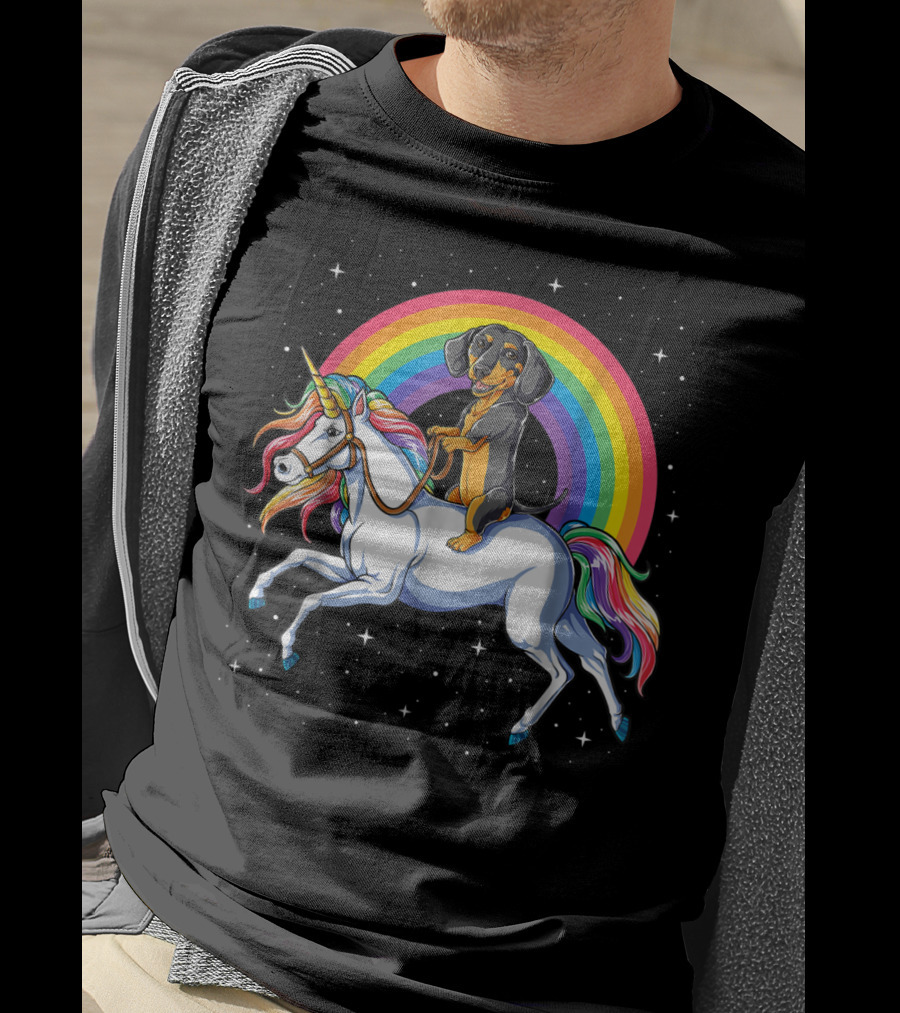 Dachshund Riding Unicorn Space Galaxy Rainbow Kids Women T-Shirt