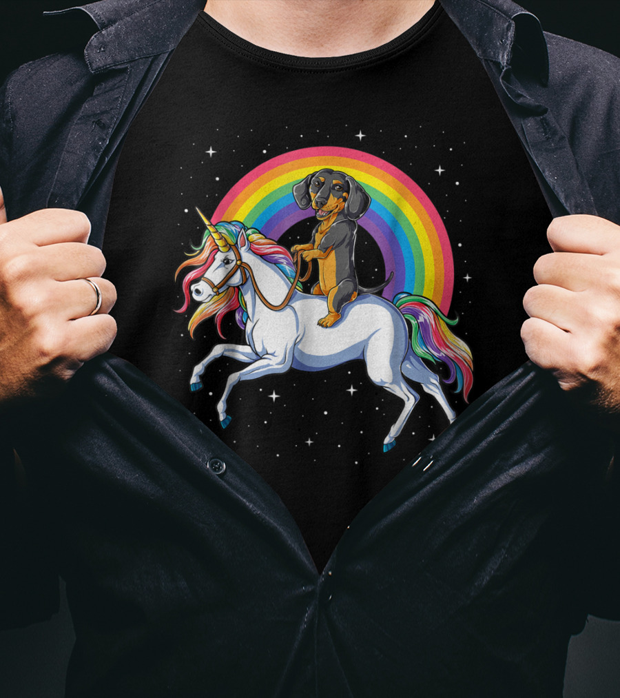 Dachshund Riding Unicorn Space Galaxy Rainbow Kids Women T-Shirt