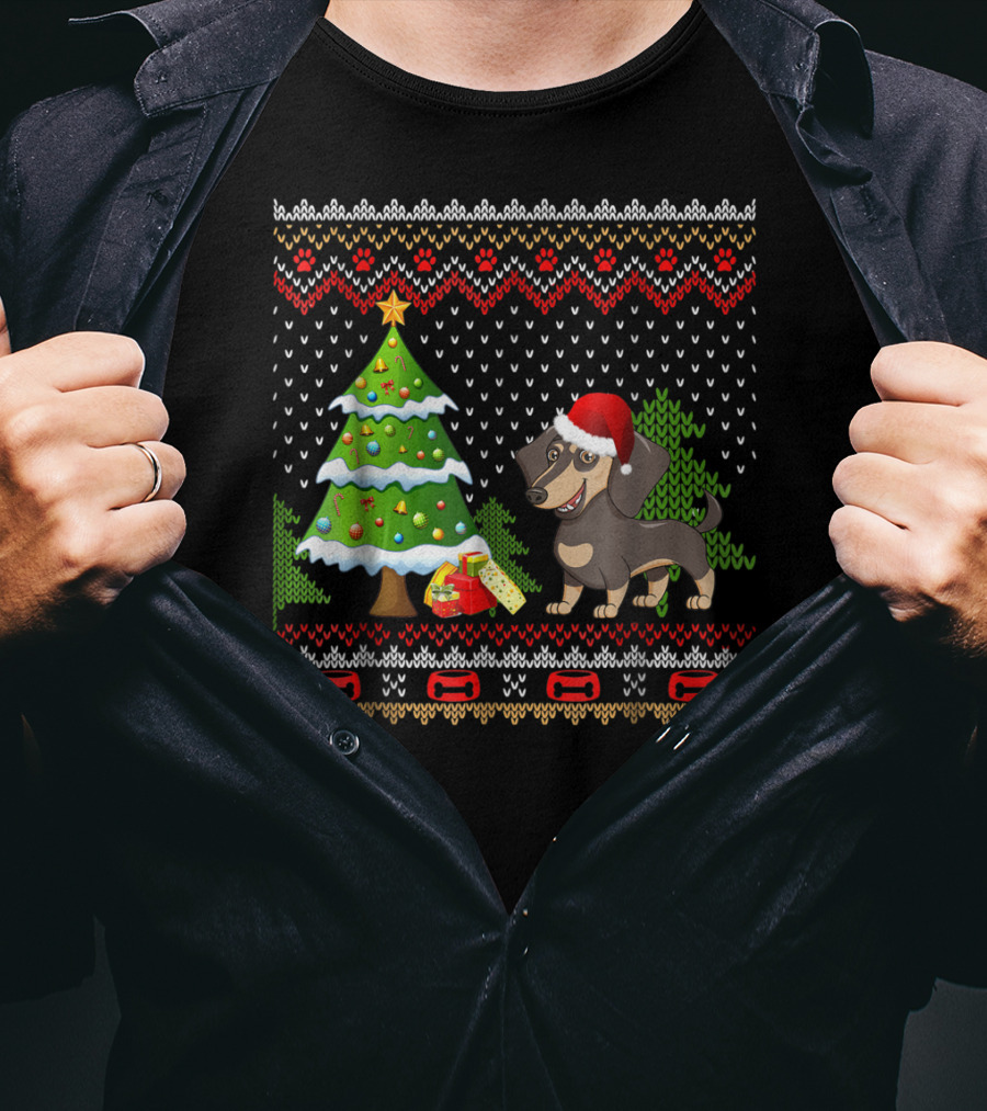 Dachshunds Santa Christmas UglyDog Festive Sweater Holiday Tree T-Shirt