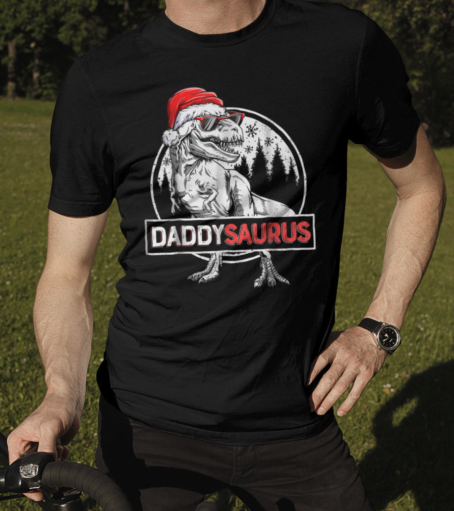 Daddysaurus Dinosaur Christmas Rex With Santa Hat And Sunglasses T-Shirt