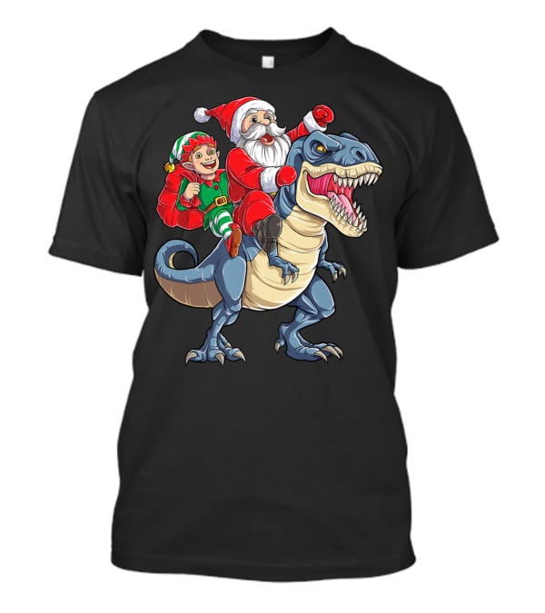 Dinosaur Christmas Boys Santa Elf Riding T-Rex Kids YP T-Shirt