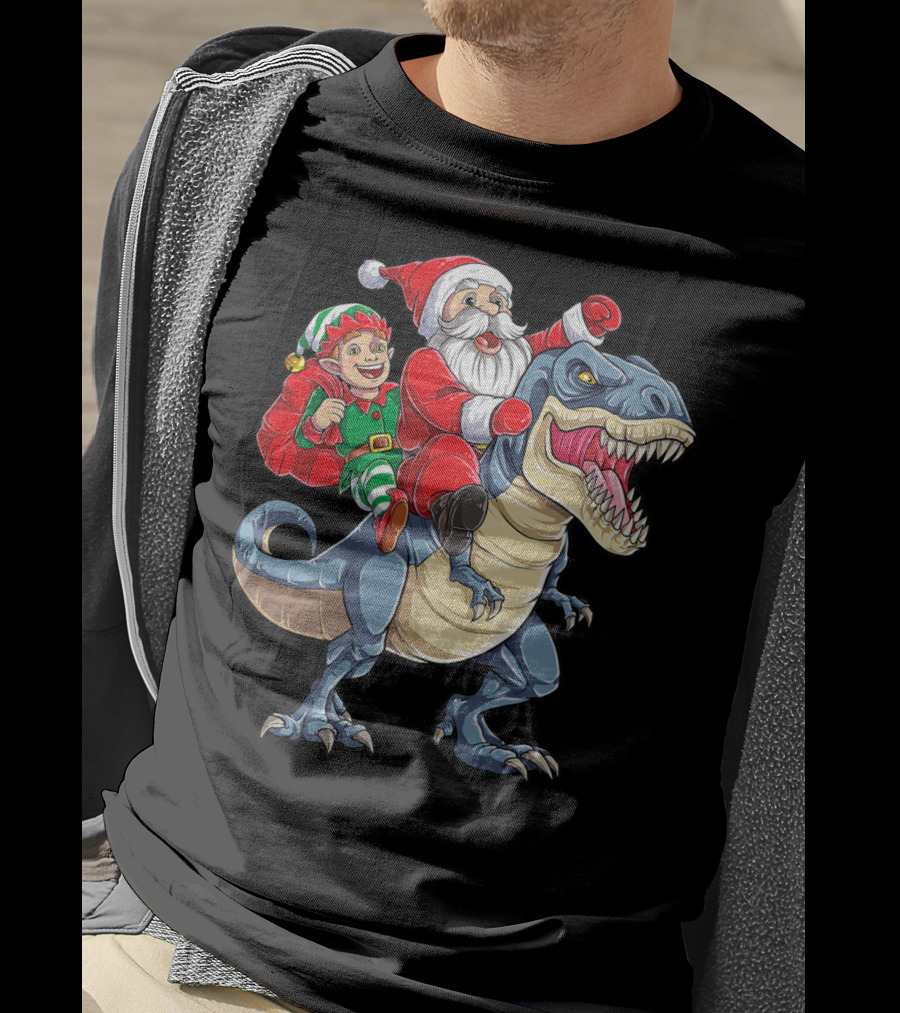 Dinosaur Christmas Boys Santa Elf Riding T-Rex Kids YP T-Shirt