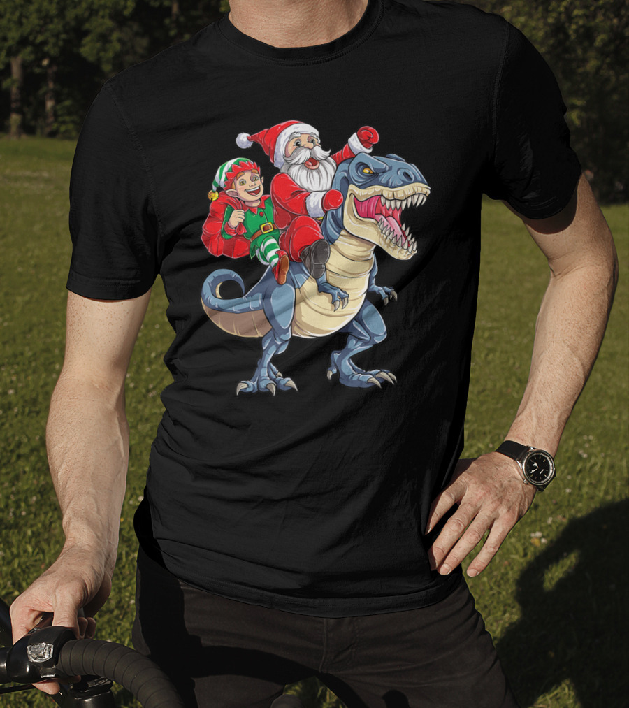 Dinosaur Christmas Boys Santa Elf Riding T-Rex Kids YP T-Shirt