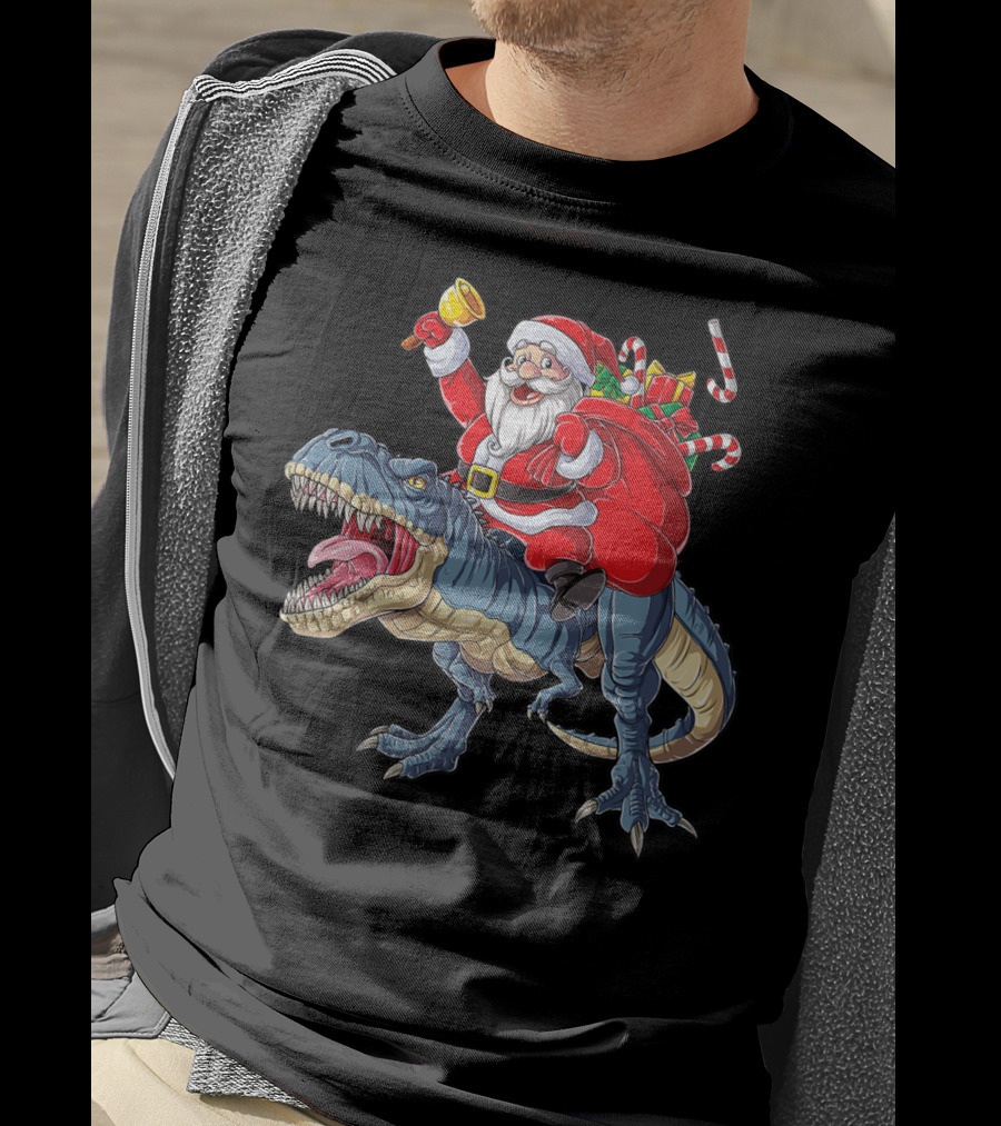 Santa Claus Riding Dinosaur With Bell And Holiday Gifts Christmas Boys Santa Rex Kids Xmas T3 T-Shirt