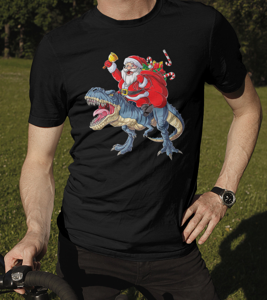 Santa Claus Riding Dinosaur With Bell And Holiday Gifts Christmas Boys Santa Rex Kids Xmas T3 T-Shirt