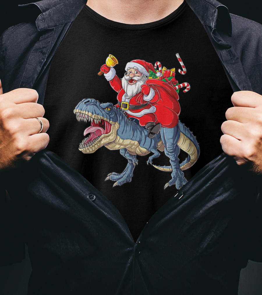 Santa Claus Riding Dinosaur With Bell And Holiday Gifts Christmas Boys Santa Rex Kids Xmas T3 T-Shirt