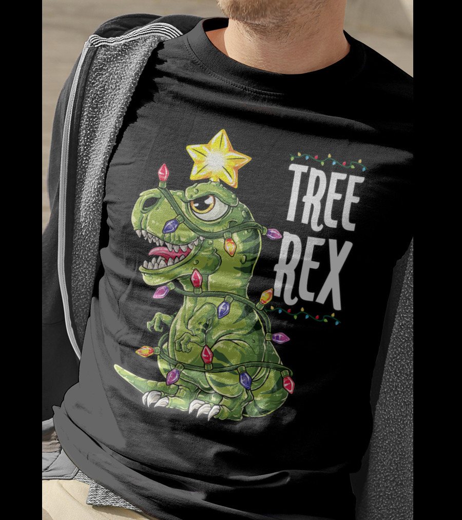 Tree Rex Dinosaur Christmas Lights And Star T-Shirt