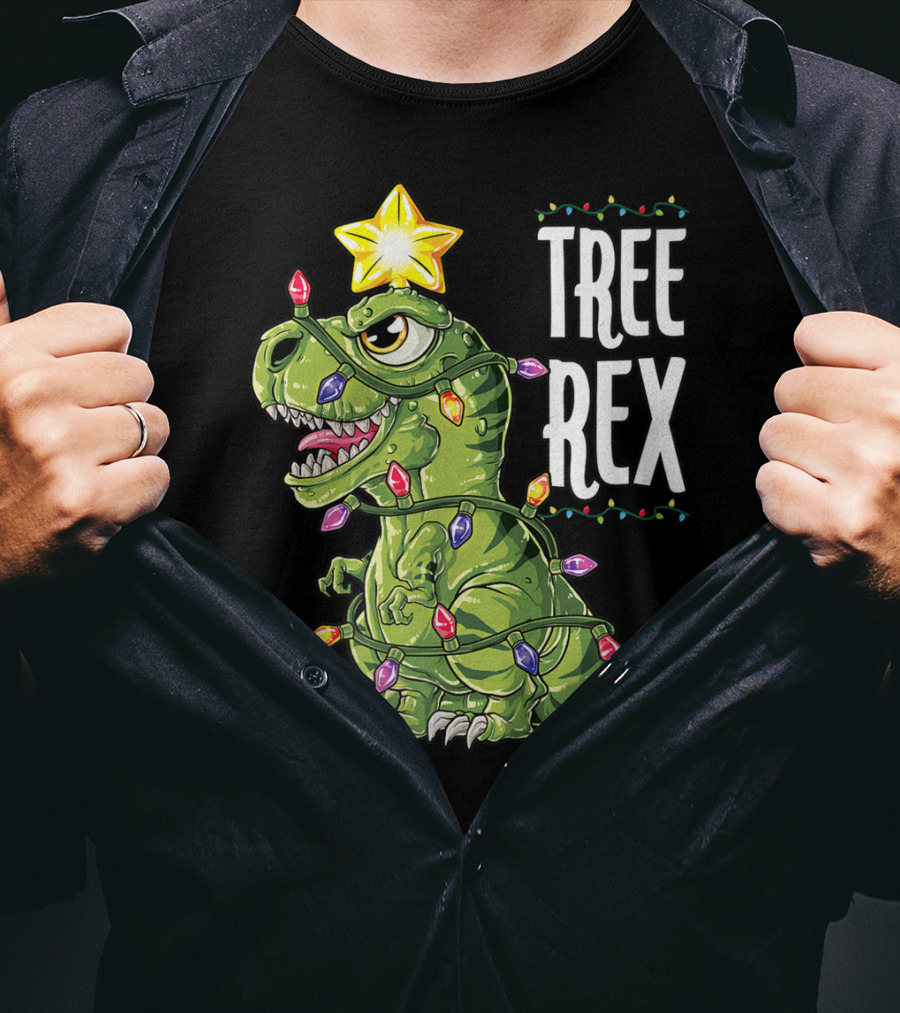 Tree Rex Dinosaur Christmas Lights And Star T-Shirt