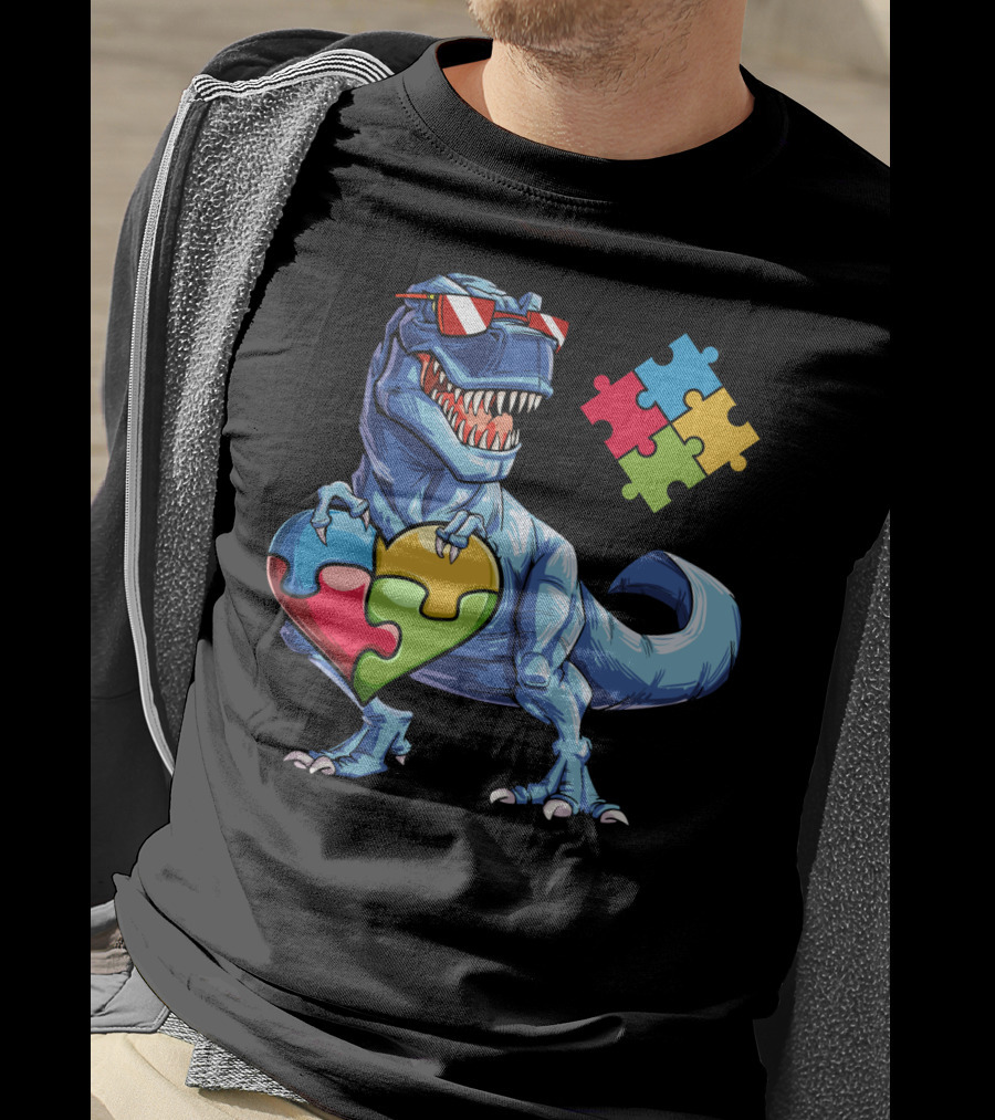 Dinosaur Holding Heart-Shaped Puzzle Pieces Autism Awareness T-Shirt