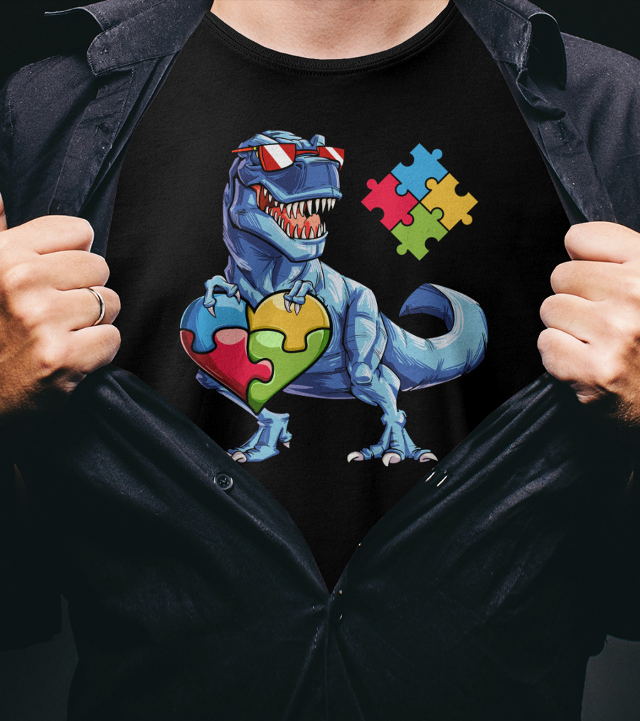 Dinosaur Holding Heart-Shaped Puzzle Pieces Autism Awareness T-Shirt