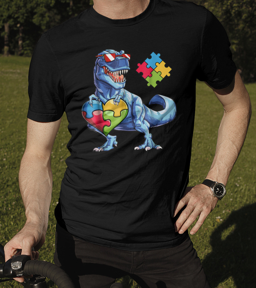 Dinosaur With Puzzle Pieces Heart Autism Awareness T-Shirt