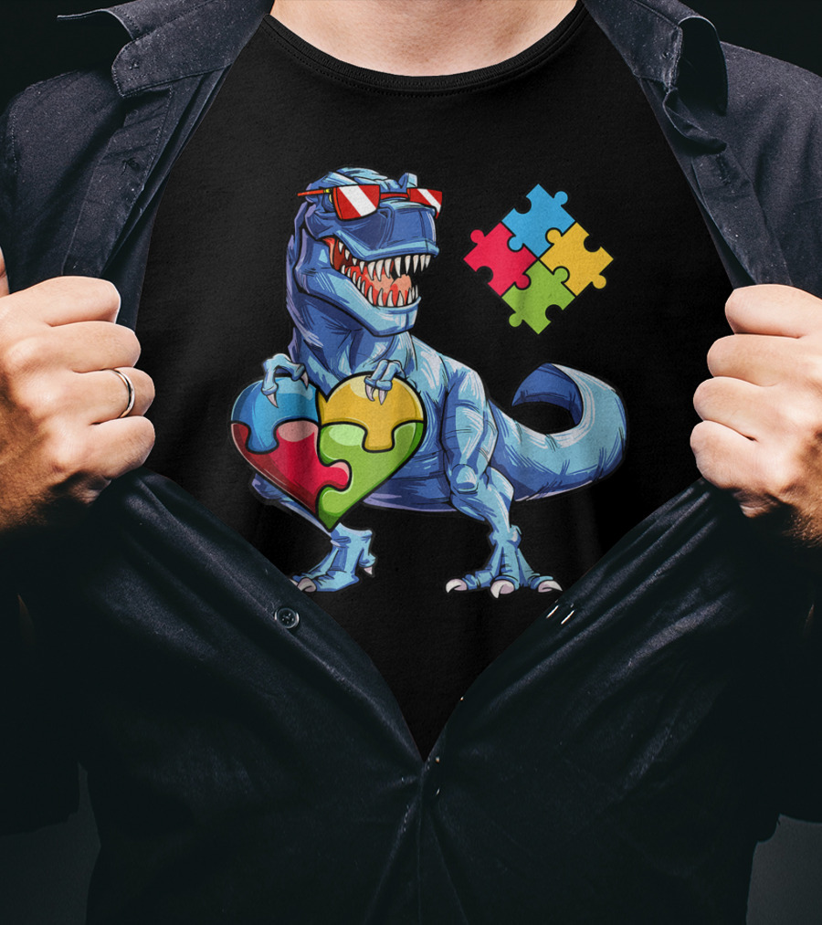 Dinosaur With Puzzle Pieces Heart Autism Awareness T-Shirt
