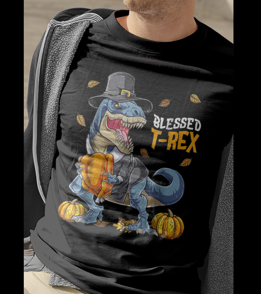 Blessed T-Rex Thanksgiving Pilgrim Dinosaur With Pumpkins T-Shirt