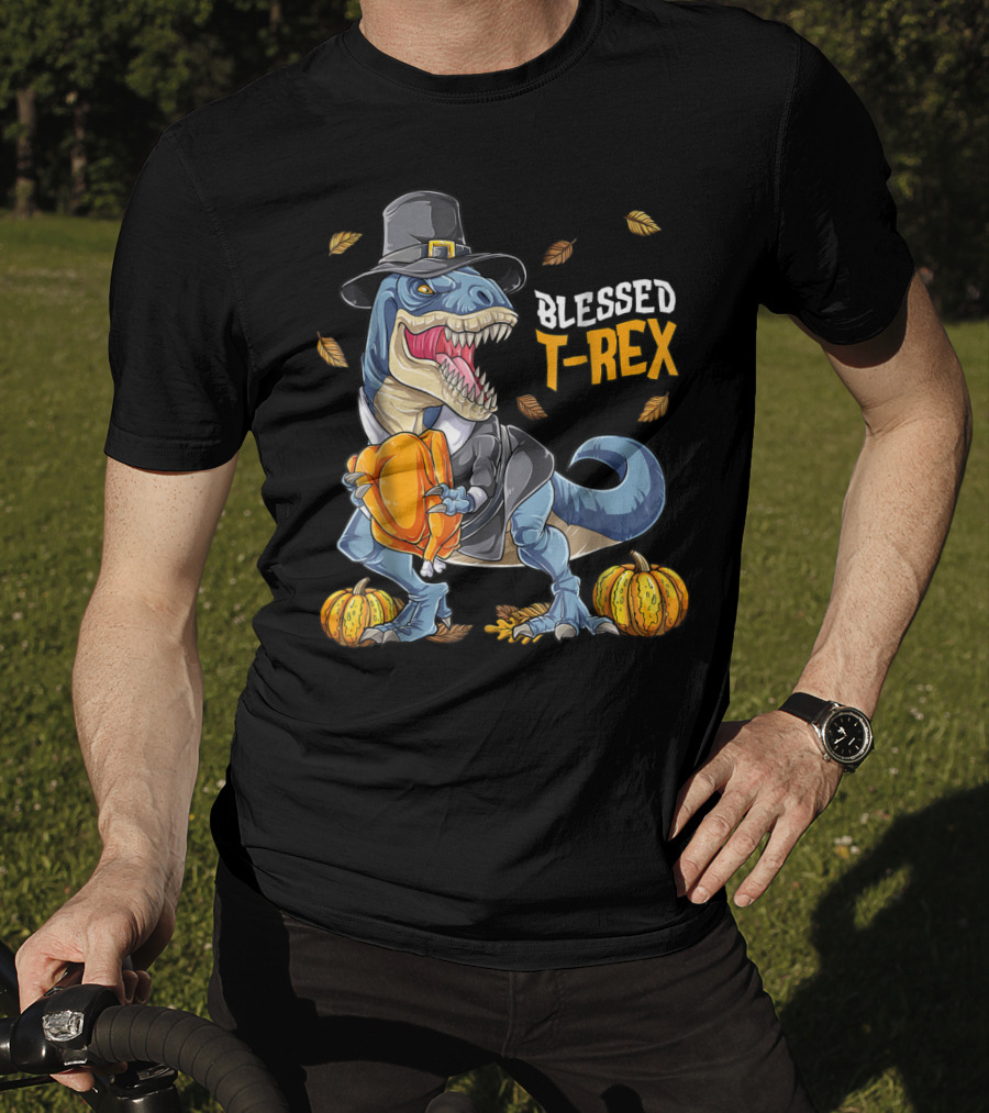 Blessed T-Rex Thanksgiving Pilgrim Dinosaur With Pumpkins T-Shirt