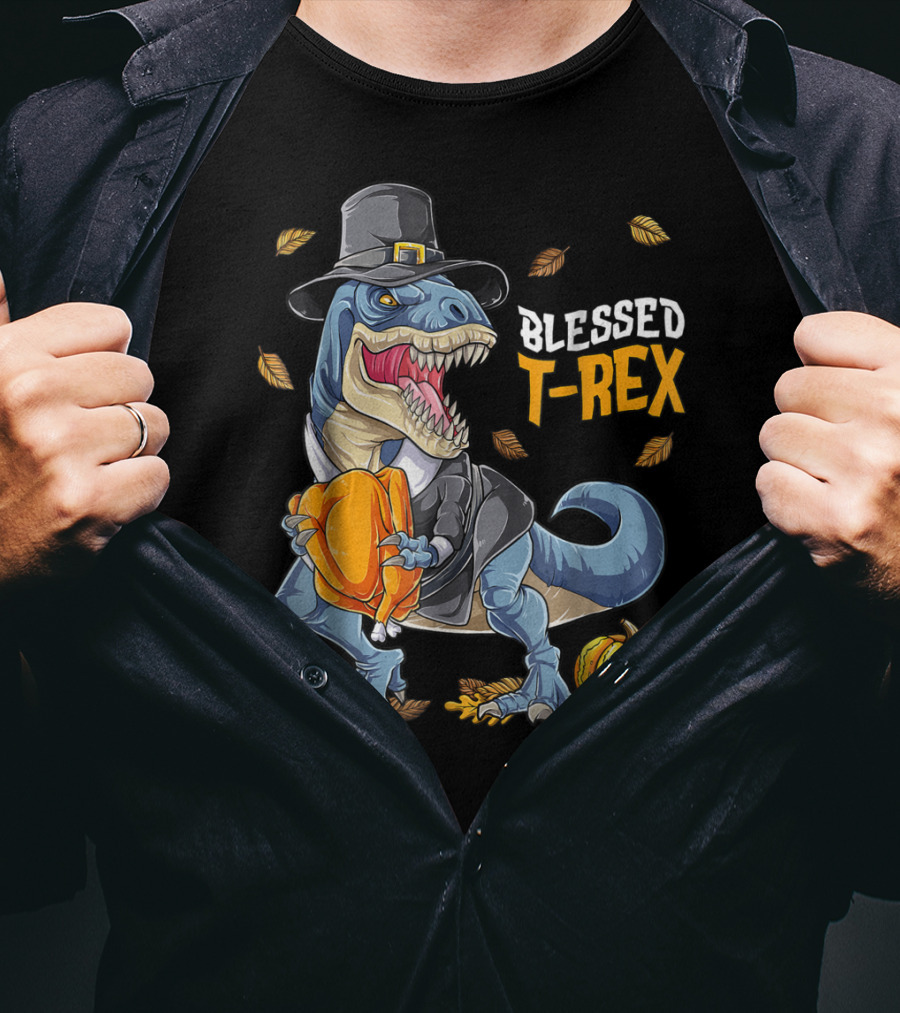 Blessed T-Rex Thanksgiving Pilgrim Dinosaur With Pumpkins T-Shirt