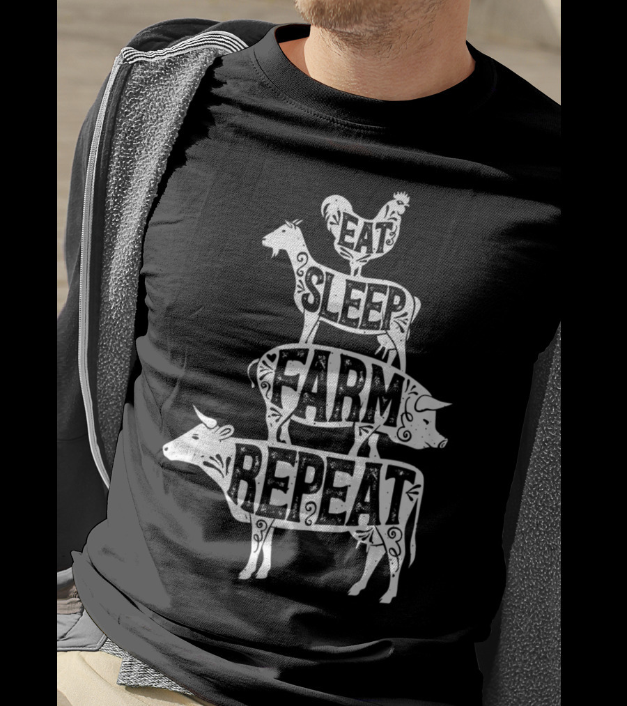 Eat Sleep Farm Repeat Farmer Goat Pig Cow Rooster T-Shirt