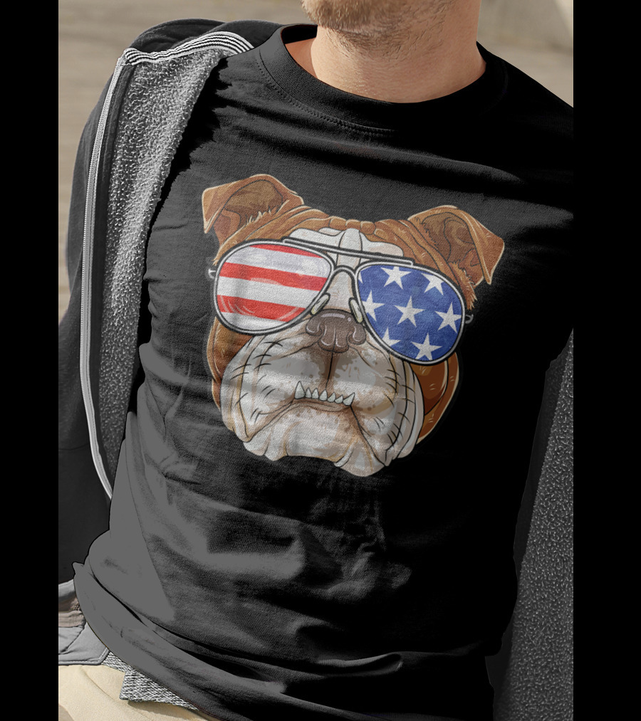 English Bulldog Wearing American Flag Sunglasses T-Shirt