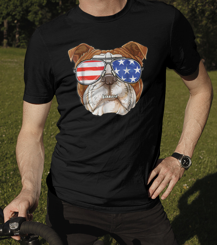 English Bulldog Wearing American Flag Sunglasses T-Shirt