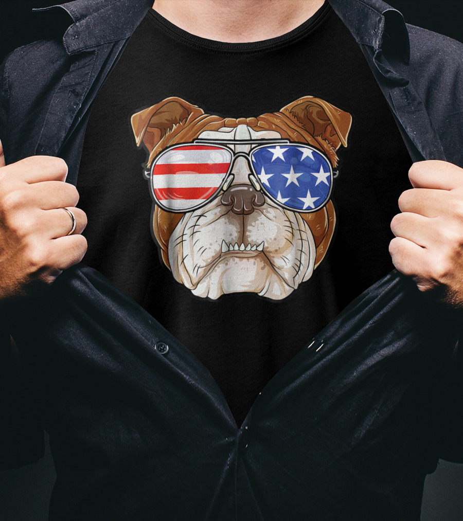 English Bulldog Wearing American Flag Sunglasses T-Shirt