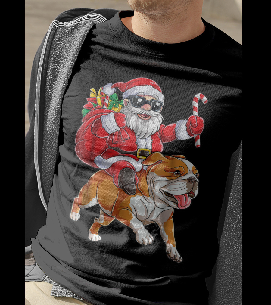 English Bulldog Santa Claus Riding With Candy Cane And Gifts Christmas Woofmas T-Shirt