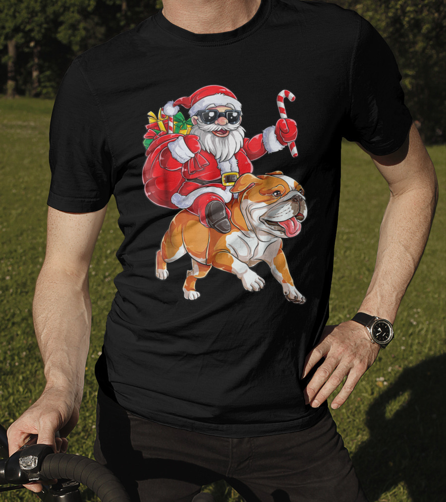 English Bulldog Santa Claus Riding With Candy Cane And Gifts Christmas Woofmas T-Shirt